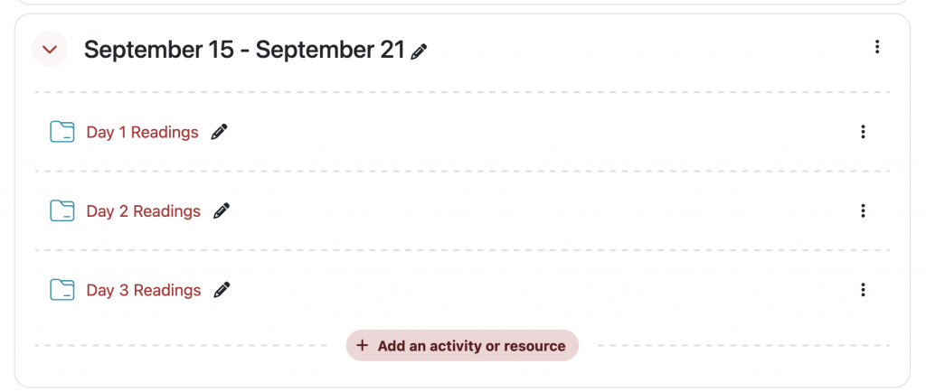 screenshot of Moodle course with folder icons.